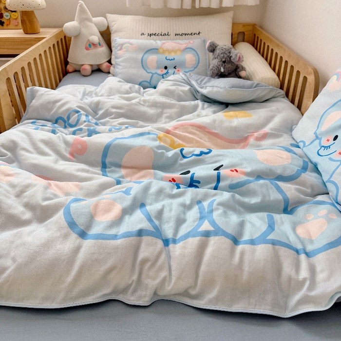 91家纺网 家纺一手货源 找家纺 萌宝家纺 2026新款母婴A类全棉双层纱儿童被套纯棉纱布三件套 小象