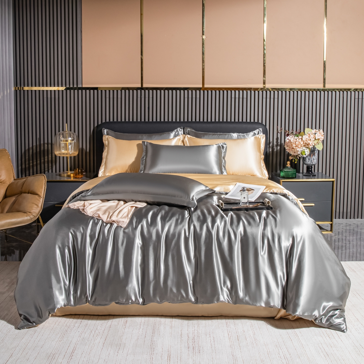 莱越家纺 2026夏季款高端轻奢水洗真丝四件套丝滑裸睡丝绸纯色冰丝四件套系列可承接外贸订货 银灰驼