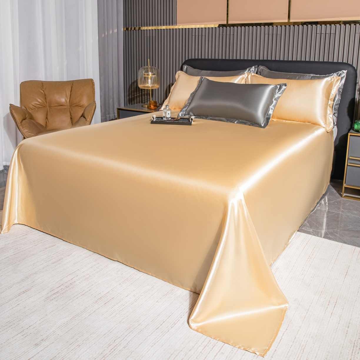 91家纺网 家纺一手货源 找家纺 莱越家纺 2026夏季款高端轻奢水洗真丝四件套丝滑裸睡丝绸纯色冰丝四件套系列可承接外贸订货 银灰驼