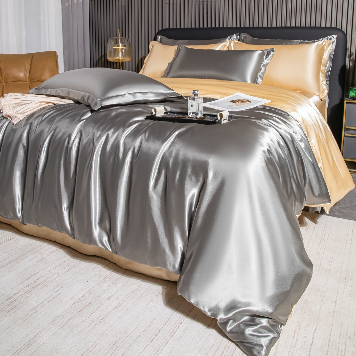91家纺网 家纺一手货源 找家纺 莱越家纺 2026夏季款高端轻奢水洗真丝四件套丝滑裸睡丝绸纯色冰丝四件套系列可承接外贸订货 银灰驼