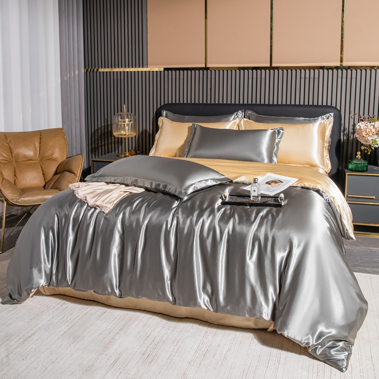 91家纺网 家纺一手货源 找家纺 莱越家纺 2026夏季款高端轻奢水洗真丝四件套丝滑裸睡丝绸纯色冰丝四件套系列可承接外贸订货 银灰驼