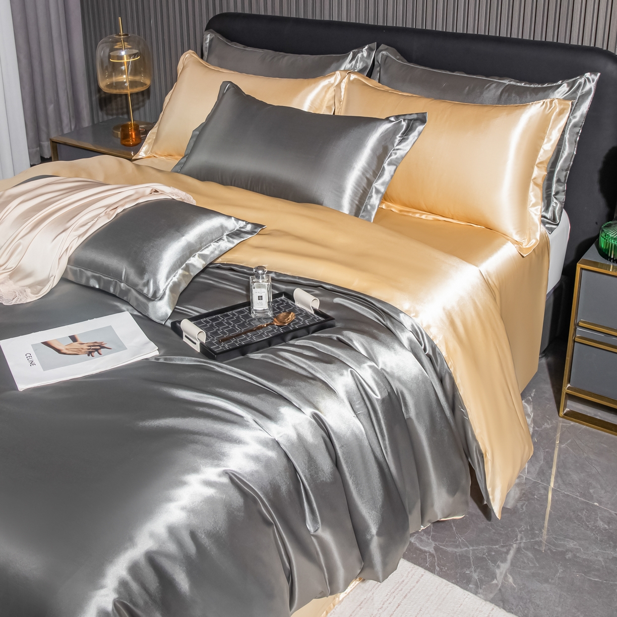 91家纺网 家纺一手货源 找家纺 莱越家纺 2026夏季款高端轻奢水洗真丝四件套丝滑裸睡丝绸纯色冰丝四件套系列可承接外贸订货 银灰驼