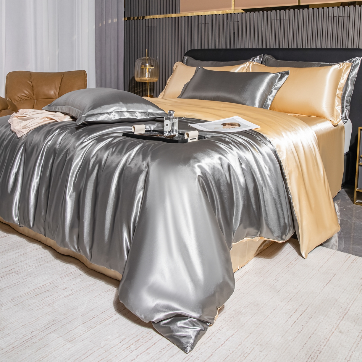 91家纺网 家纺一手货源 找家纺 莱越家纺 2026夏季款高端轻奢水洗真丝四件套丝滑裸睡丝绸纯色冰丝四件套系列可承接外贸订货 银灰驼