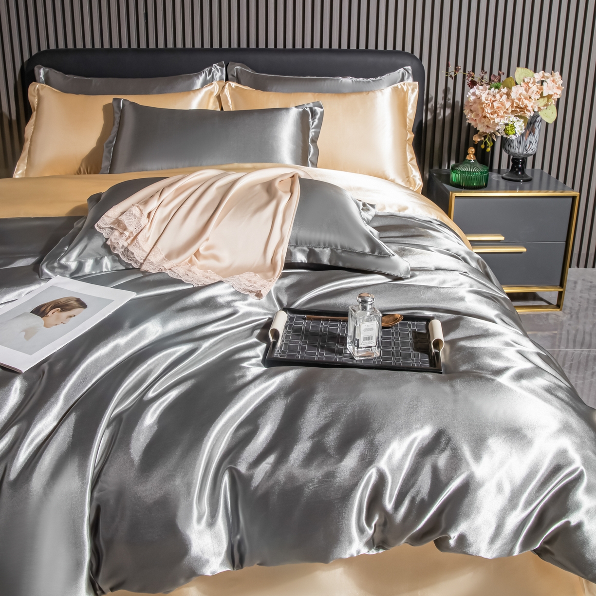 91家纺网 家纺一手货源 找家纺 莱越家纺 2026夏季款高端轻奢水洗真丝四件套丝滑裸睡丝绸纯色冰丝四件套系列可承接外贸订货 银灰驼