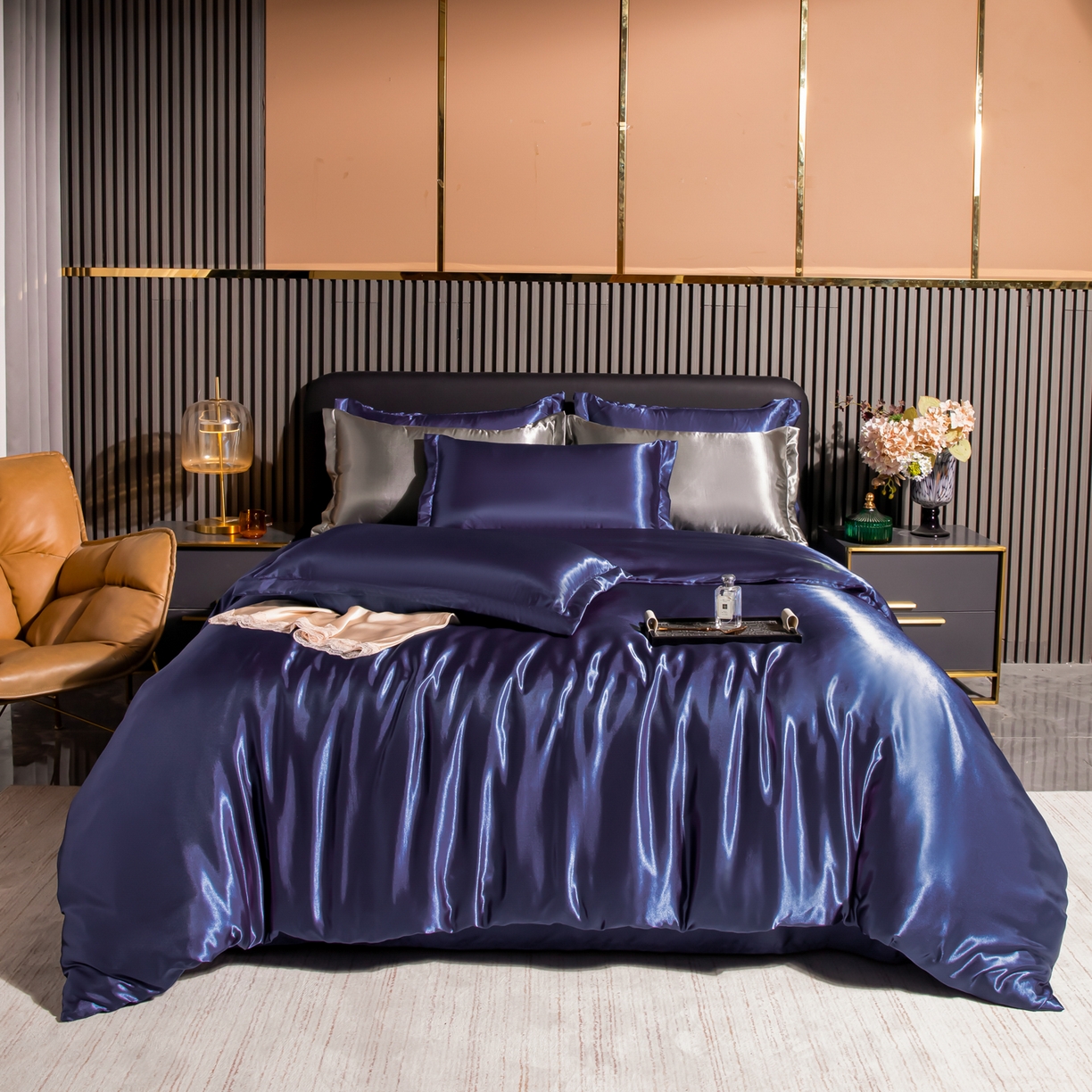 莱越家纺 2026夏季款高端轻奢水洗真丝四件套丝滑裸睡丝绸纯色冰丝四件套系列可承接外贸订货 藏青色