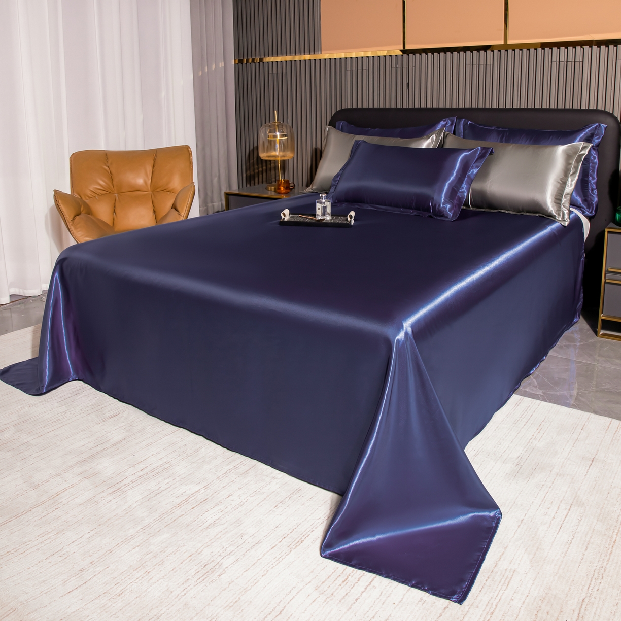 91家纺网 家纺一手货源 找家纺 莱越家纺 2026夏季款高端轻奢水洗真丝四件套丝滑裸睡丝绸纯色冰丝四件套系列可承接外贸订货 藏青色