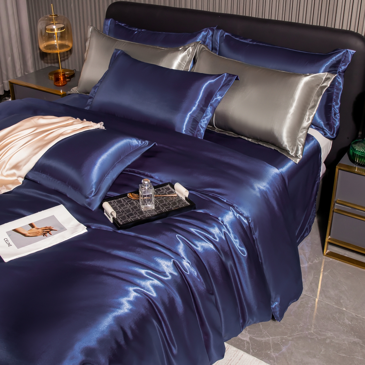 91家纺网 家纺一手货源 找家纺 莱越家纺 2026夏季款高端轻奢水洗真丝四件套丝滑裸睡丝绸纯色冰丝四件套系列可承接外贸订货 藏青色