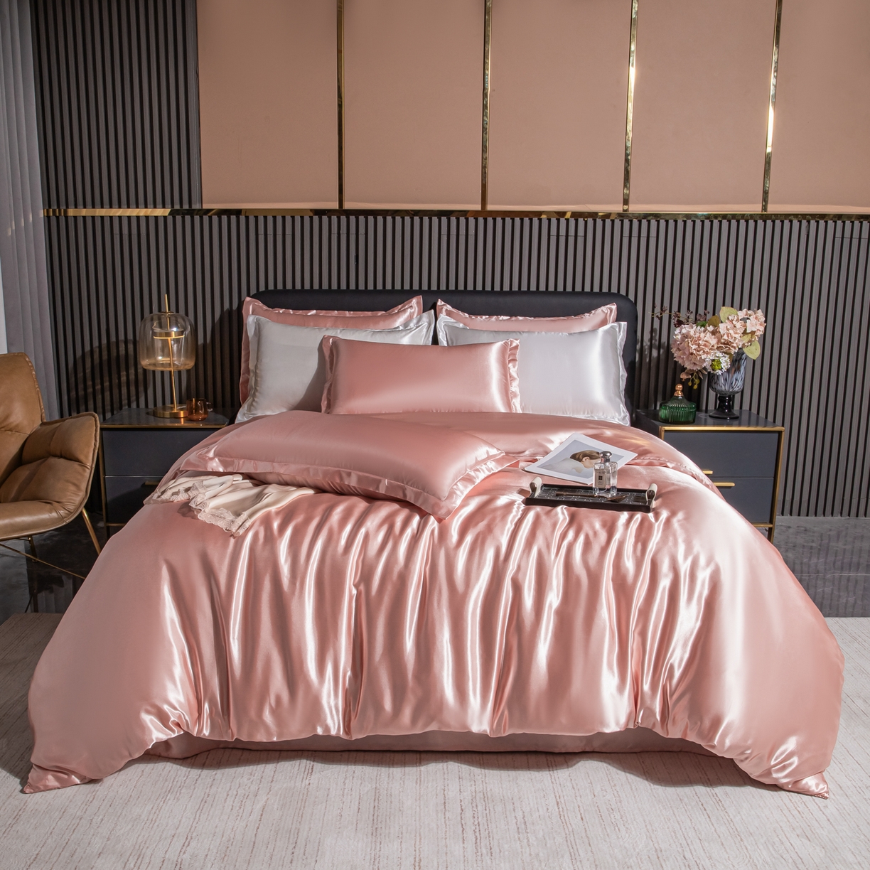 莱越家纺 2026夏季款高端轻奢水洗真丝四件套丝滑裸睡丝绸纯色冰丝四件套系列可承接外贸订货 淡雅玉