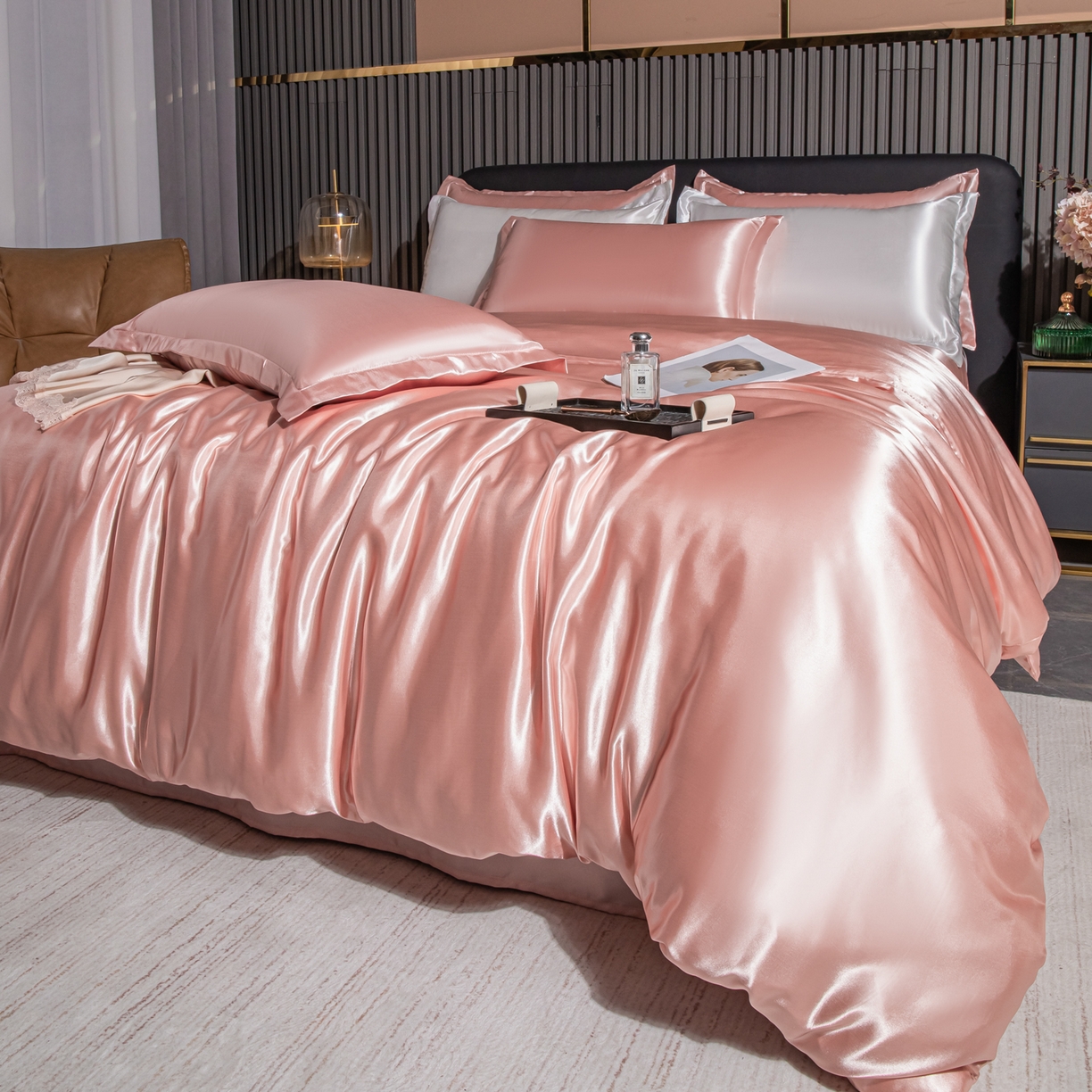 91家纺网 家纺一手货源 找家纺 莱越家纺 2026夏季款高端轻奢水洗真丝四件套丝滑裸睡丝绸纯色冰丝四件套系列可承接外贸订货 淡雅玉