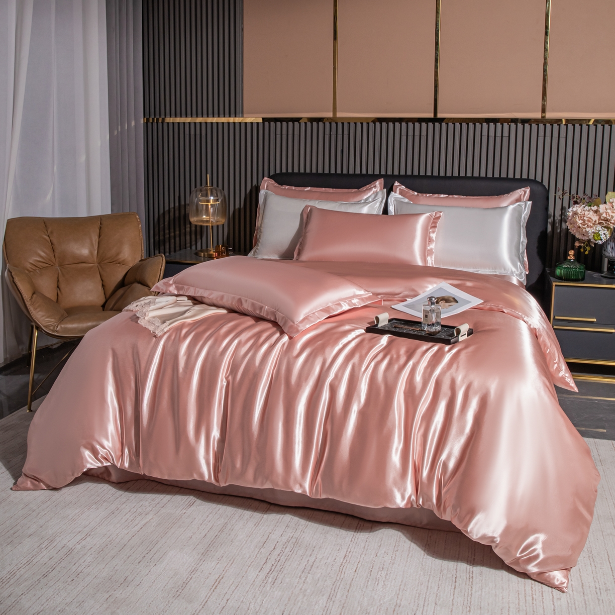 91家纺网 家纺一手货源 找家纺 莱越家纺 2026夏季款高端轻奢水洗真丝四件套丝滑裸睡丝绸纯色冰丝四件套系列可承接外贸订货 淡雅玉