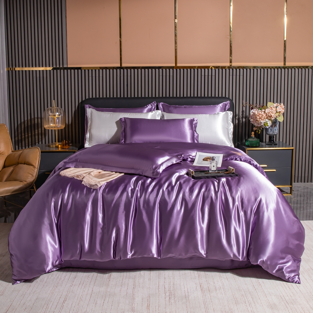 莱越家纺 2026夏季款高端轻奢水洗真丝四件套丝滑裸睡丝绸纯色冰丝四件套系列可承接外贸订货 典雅紫