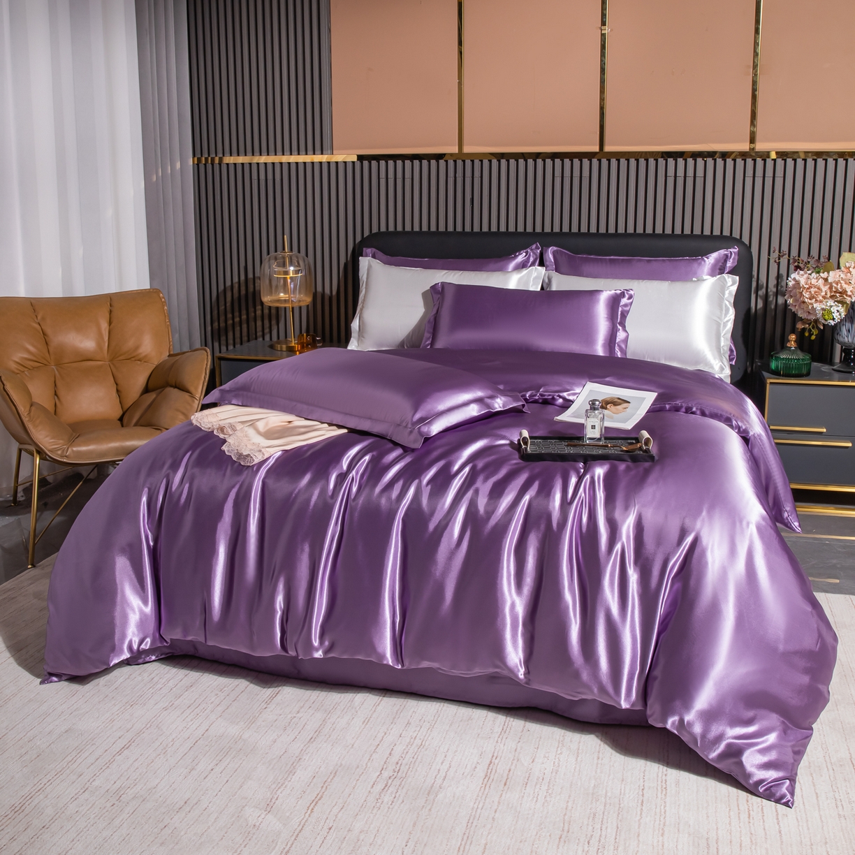 91家纺网 家纺一手货源 找家纺 莱越家纺 2026夏季款高端轻奢水洗真丝四件套丝滑裸睡丝绸纯色冰丝四件套系列可承接外贸订货 典雅紫
