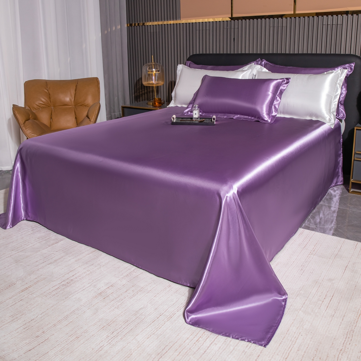 91家纺网 家纺一手货源 找家纺 莱越家纺 2026夏季款高端轻奢水洗真丝四件套丝滑裸睡丝绸纯色冰丝四件套系列可承接外贸订货 典雅紫