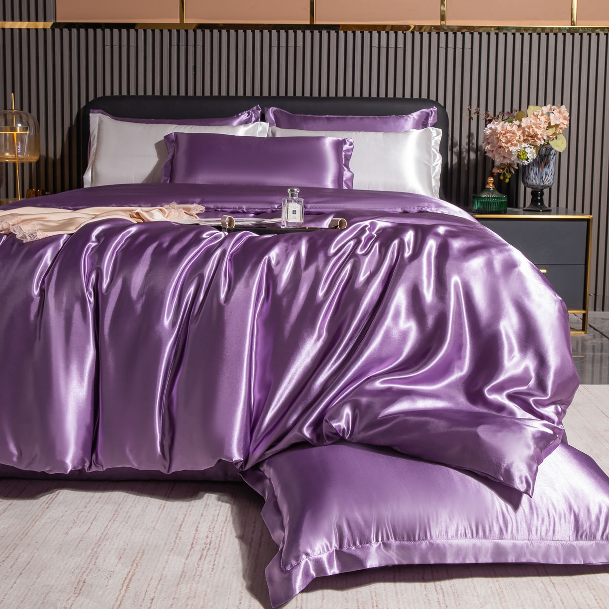 91家纺网 家纺一手货源 找家纺 莱越家纺 2026夏季款高端轻奢水洗真丝四件套丝滑裸睡丝绸纯色冰丝四件套系列可承接外贸订货 典雅紫