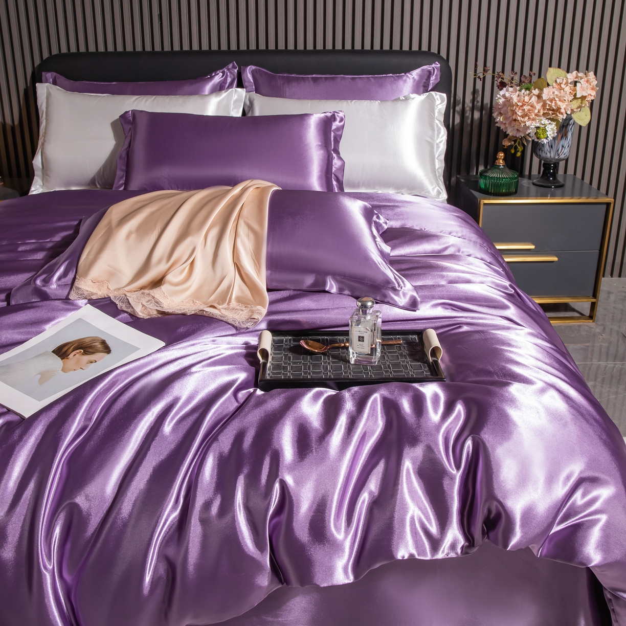 91家纺网 家纺一手货源 找家纺 莱越家纺 2026夏季款高端轻奢水洗真丝四件套丝滑裸睡丝绸纯色冰丝四件套系列可承接外贸订货 典雅紫