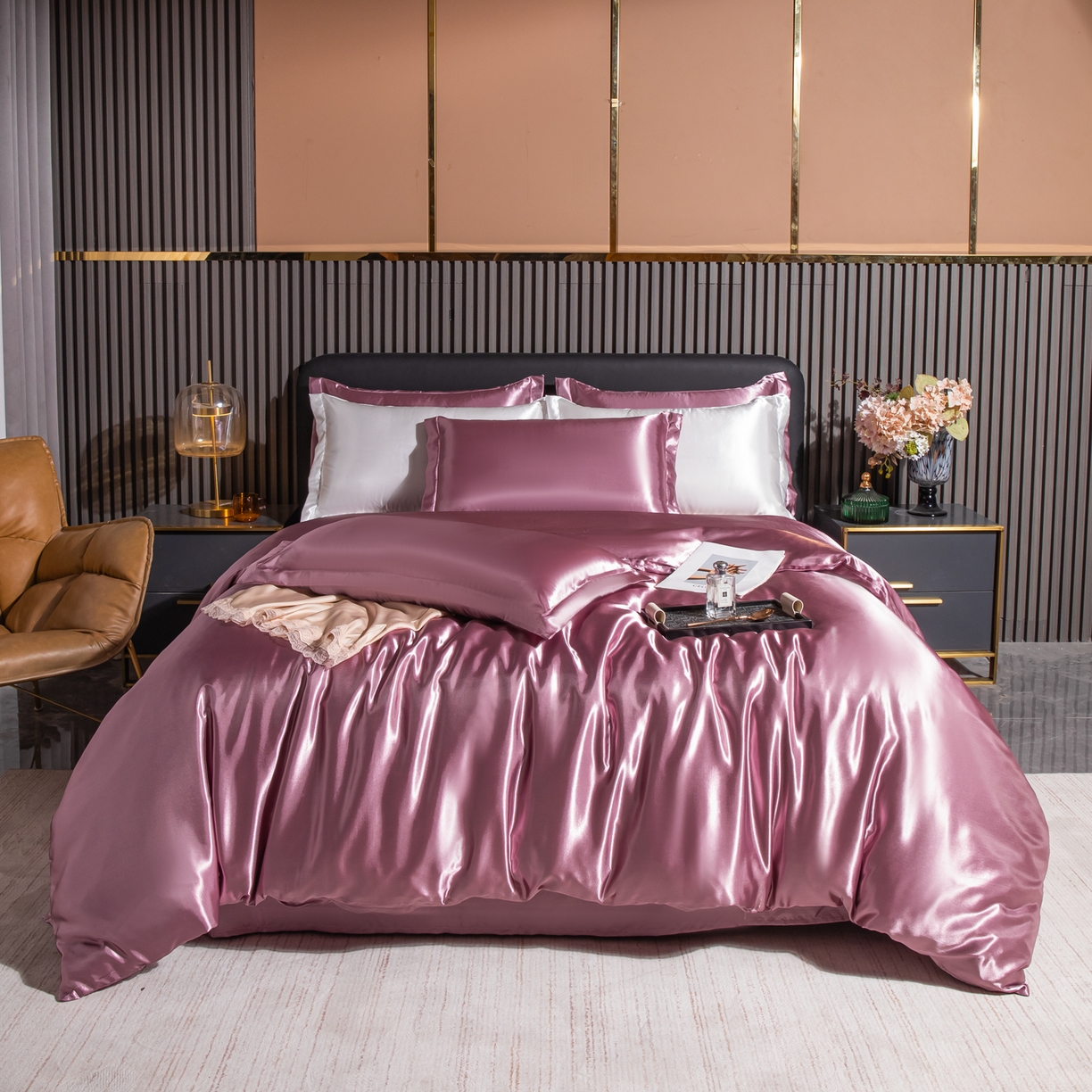 莱越家纺 2026夏季款高端轻奢水洗真丝四件套丝滑裸睡丝绸纯色冰丝四件套系列可承接外贸订货 豆沙色