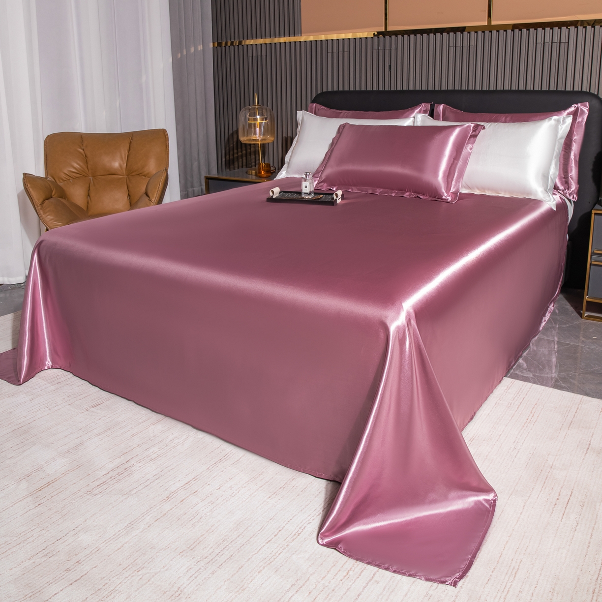 91家纺网 家纺一手货源 找家纺 莱越家纺 2026夏季款高端轻奢水洗真丝四件套丝滑裸睡丝绸纯色冰丝四件套系列可承接外贸订货 豆沙色