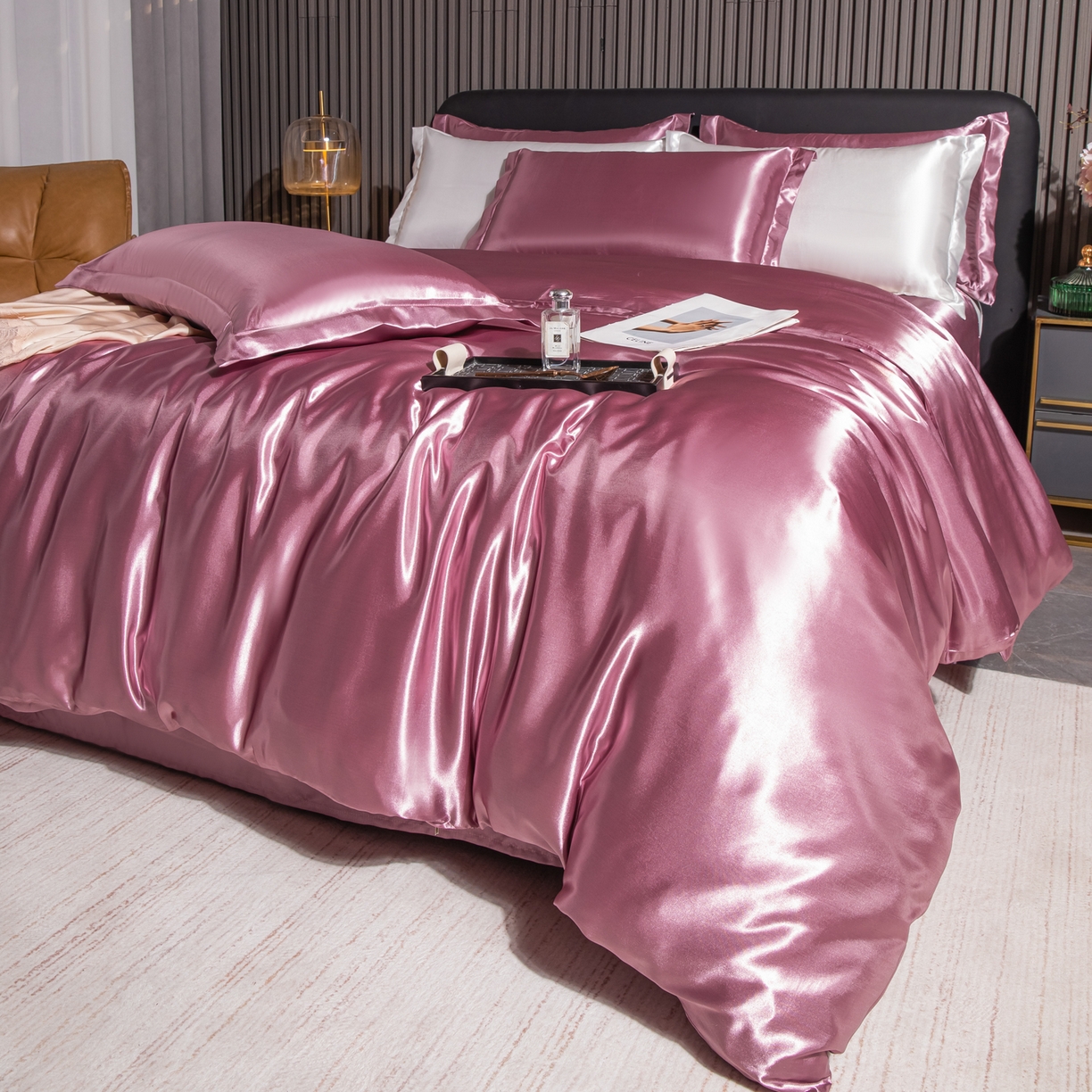 91家纺网 家纺一手货源 找家纺 莱越家纺 2026夏季款高端轻奢水洗真丝四件套丝滑裸睡丝绸纯色冰丝四件套系列可承接外贸订货 豆沙色