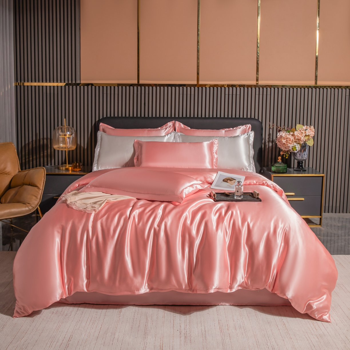 莱越家纺 2026夏季款高端轻奢水洗真丝四件套丝滑裸睡丝绸纯色冰丝四件套系列可承接外贸订货 粉玉色
