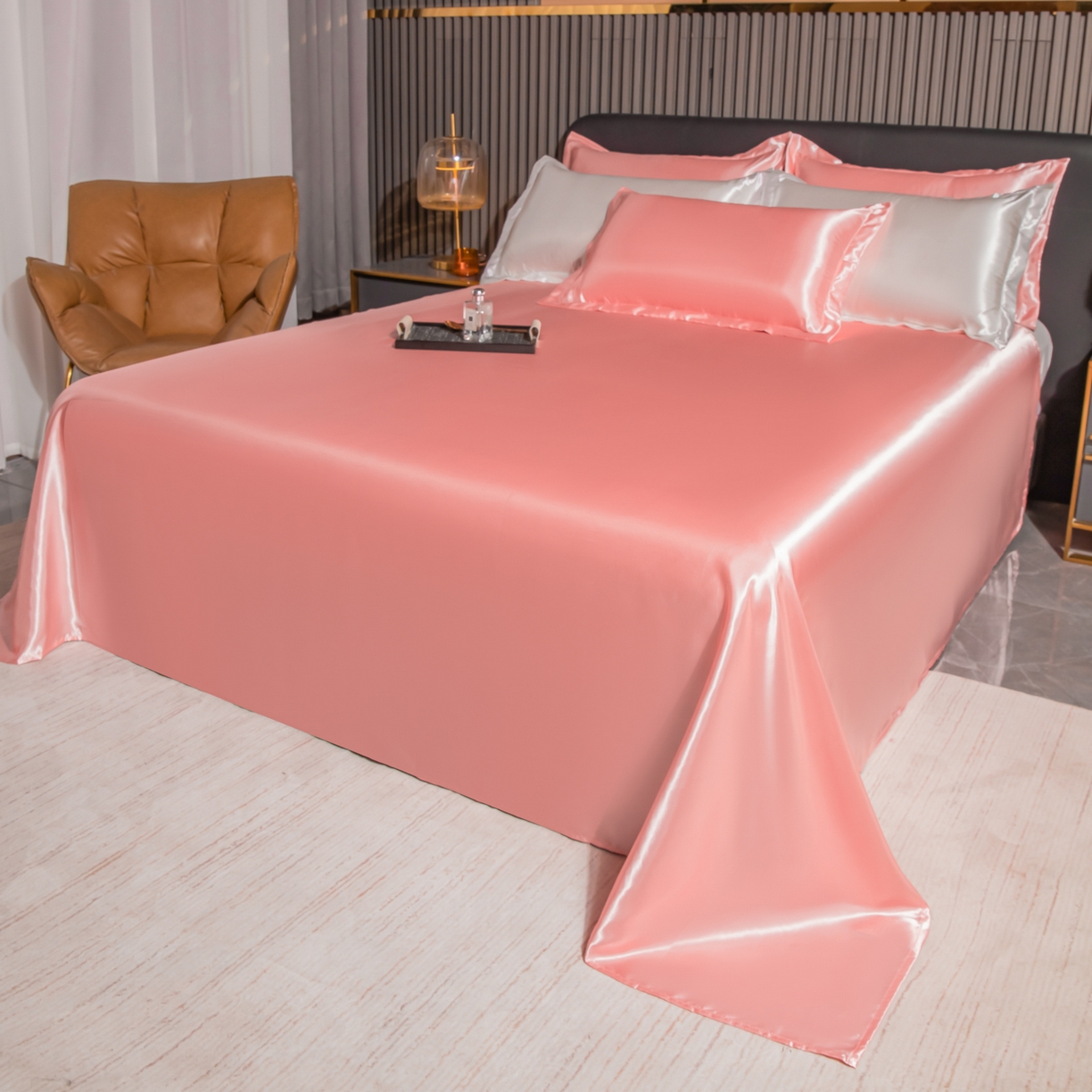 91家纺网 家纺一手货源 找家纺 莱越家纺 2026夏季款高端轻奢水洗真丝四件套丝滑裸睡丝绸纯色冰丝四件套系列可承接外贸订货 粉玉色