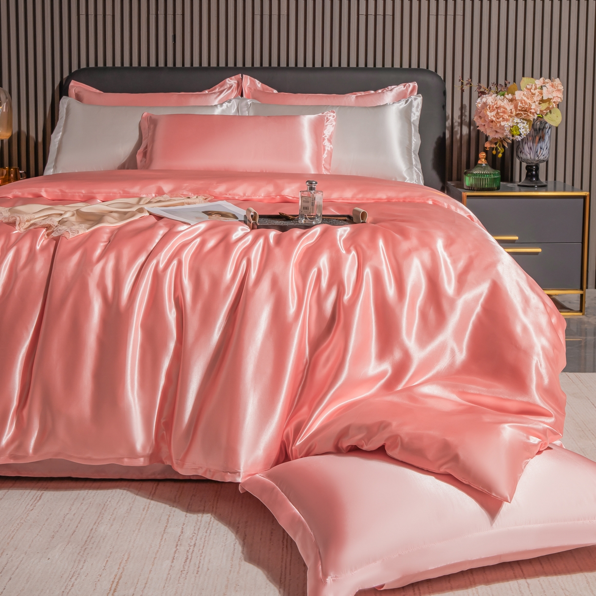 91家纺网 家纺一手货源 找家纺 莱越家纺 2026夏季款高端轻奢水洗真丝四件套丝滑裸睡丝绸纯色冰丝四件套系列可承接外贸订货 粉玉色