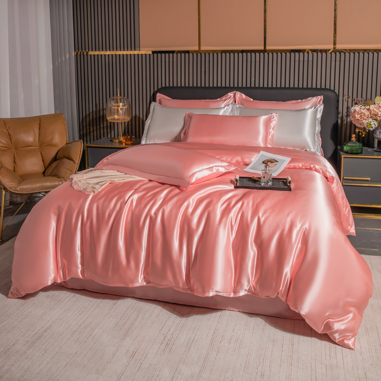 91家纺网 家纺一手货源 找家纺 莱越家纺 2026夏季款高端轻奢水洗真丝四件套丝滑裸睡丝绸纯色冰丝四件套系列可承接外贸订货 粉玉色