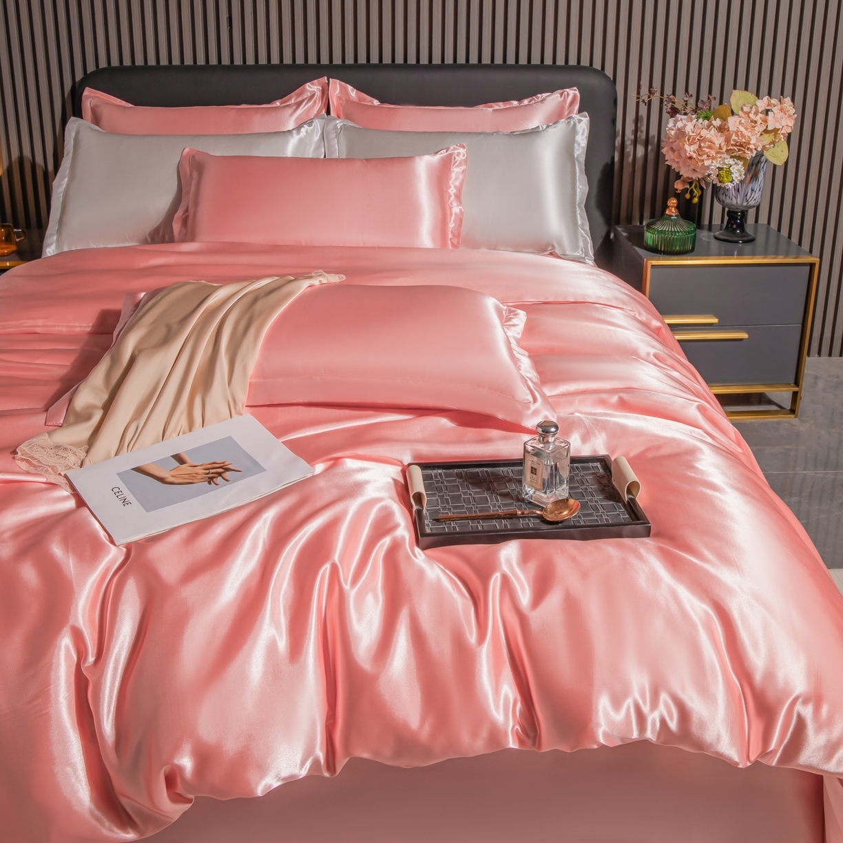 91家纺网 家纺一手货源 找家纺 莱越家纺 2026夏季款高端轻奢水洗真丝四件套丝滑裸睡丝绸纯色冰丝四件套系列可承接外贸订货 粉玉色