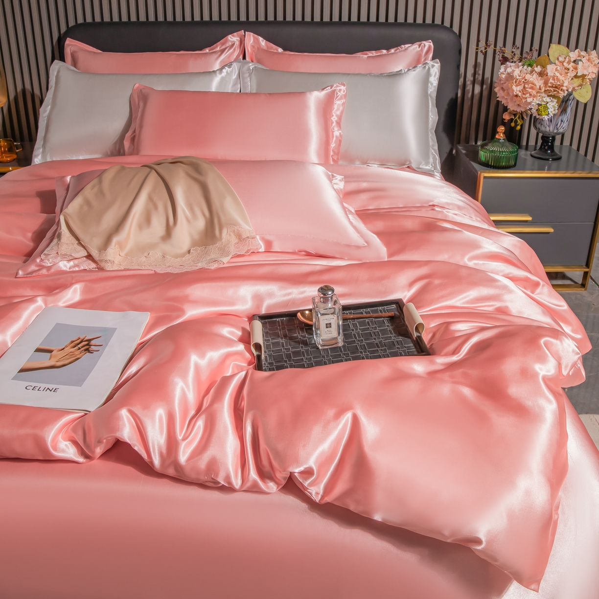 91家纺网 家纺一手货源 找家纺 莱越家纺 2026夏季款高端轻奢水洗真丝四件套丝滑裸睡丝绸纯色冰丝四件套系列可承接外贸订货 粉玉色