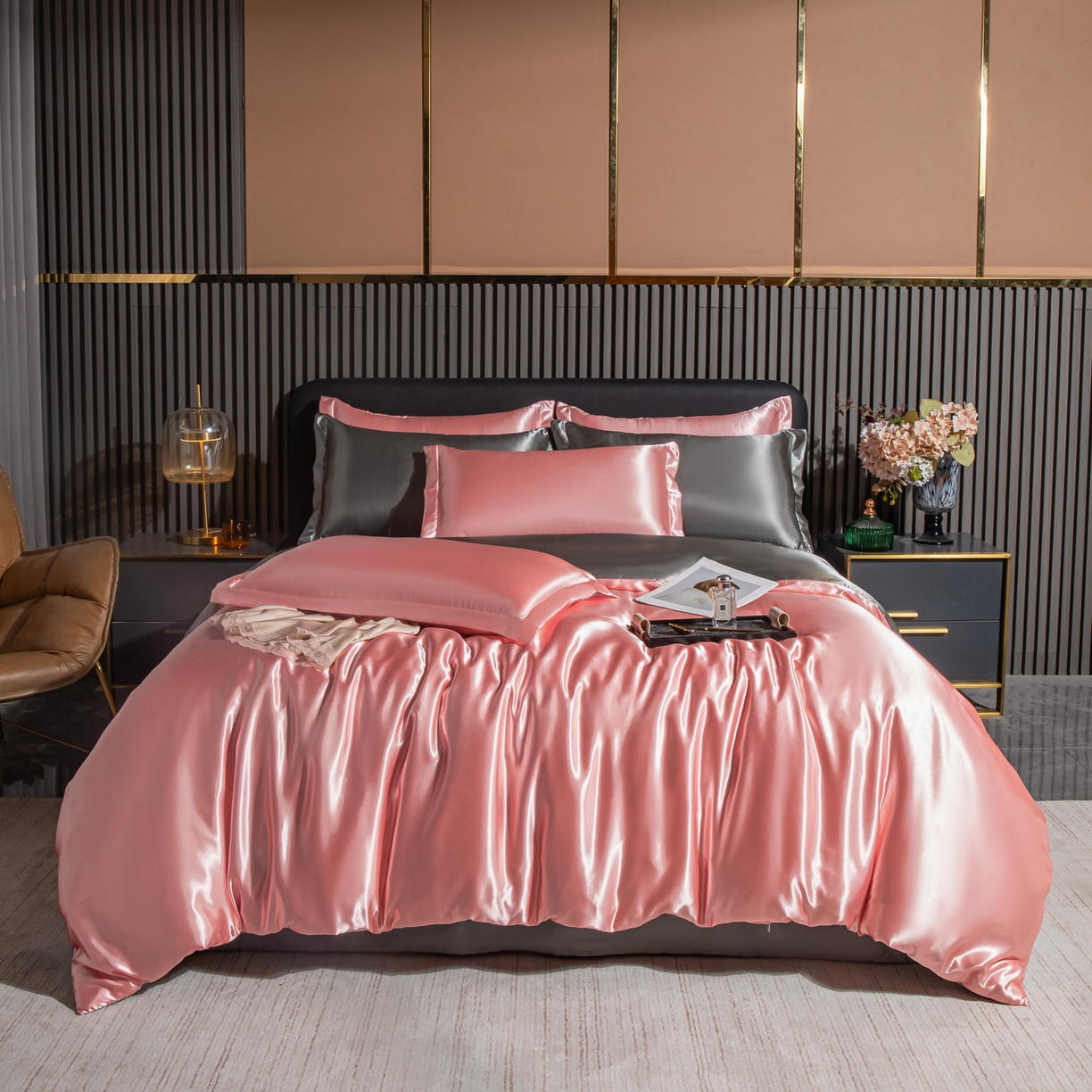 莱越家纺 2026夏季款高端轻奢水洗真丝四件套丝滑裸睡丝绸纯色冰丝四件套系列可承接外贸订货 粉玉-银灰