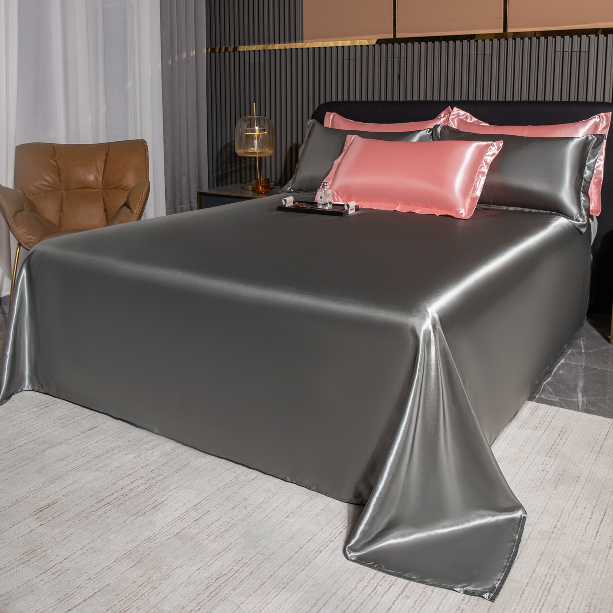 91家纺网 家纺一手货源 找家纺 莱越家纺 2026夏季款高端轻奢水洗真丝四件套丝滑裸睡丝绸纯色冰丝四件套系列可承接外贸订货 粉玉-银灰