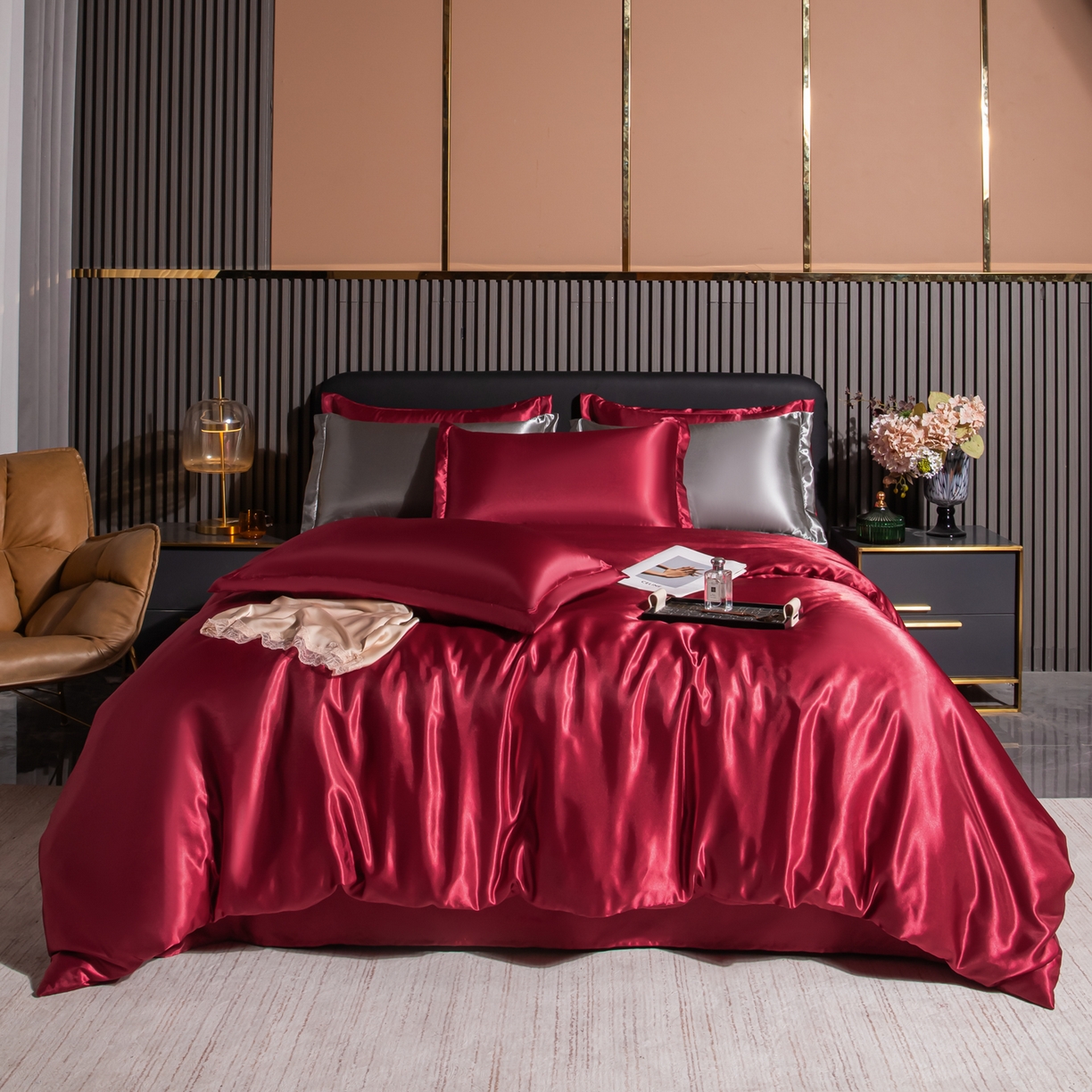 莱越家纺 2026夏季款高端轻奢水洗真丝四件套丝滑裸睡丝绸纯色冰丝四件套系列可承接外贸订货 酒红色