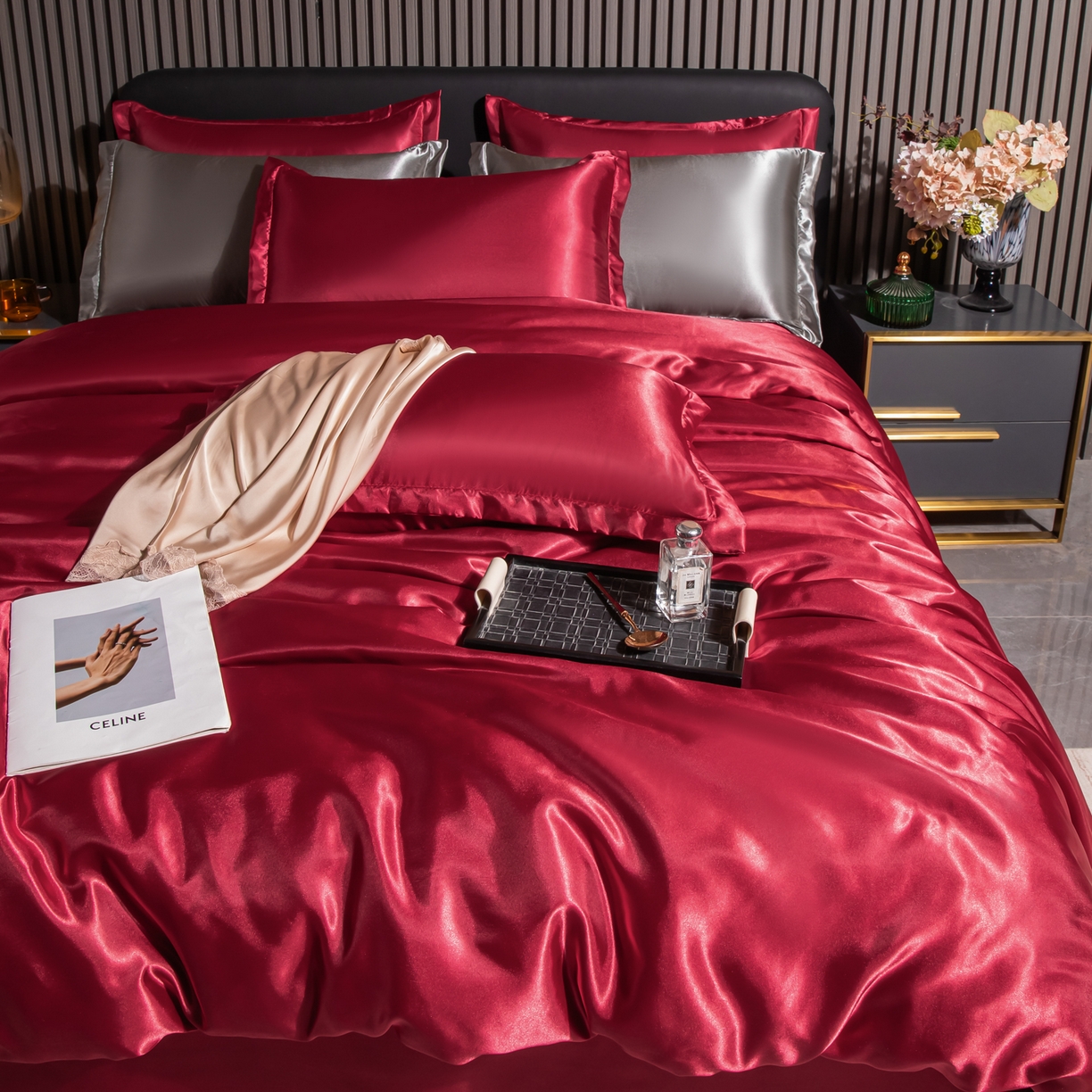91家纺网 家纺一手货源 找家纺 莱越家纺 2026夏季款高端轻奢水洗真丝四件套丝滑裸睡丝绸纯色冰丝四件套系列可承接外贸订货 酒红色