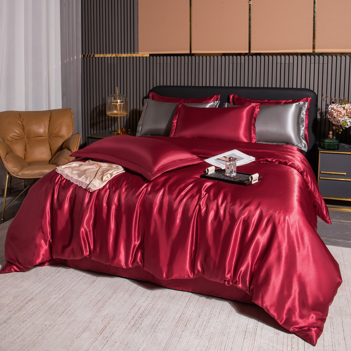 91家纺网 家纺一手货源 找家纺 莱越家纺 2026夏季款高端轻奢水洗真丝四件套丝滑裸睡丝绸纯色冰丝四件套系列可承接外贸订货 酒红色