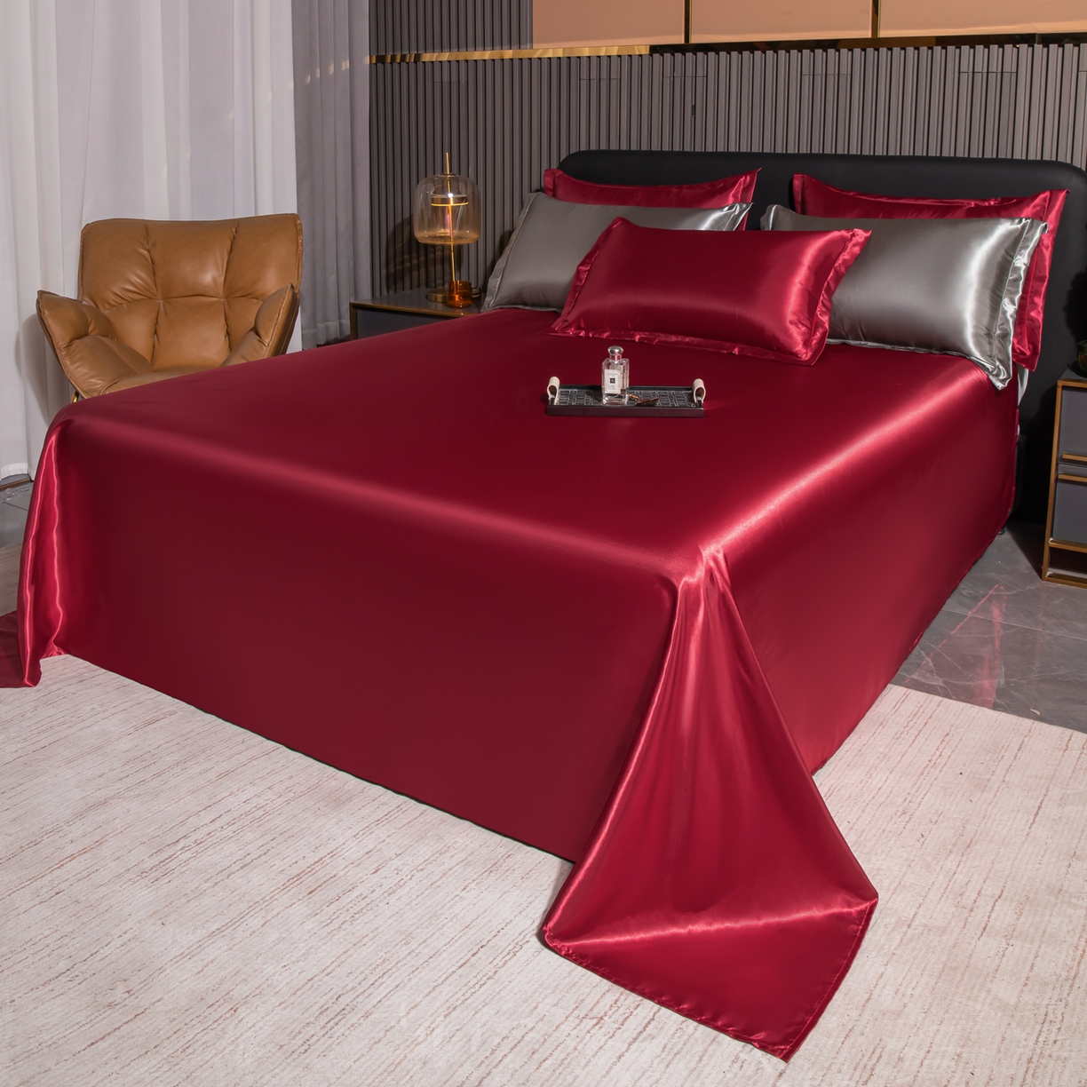 91家纺网 家纺一手货源 找家纺 莱越家纺 2026夏季款高端轻奢水洗真丝四件套丝滑裸睡丝绸纯色冰丝四件套系列可承接外贸订货 酒红色