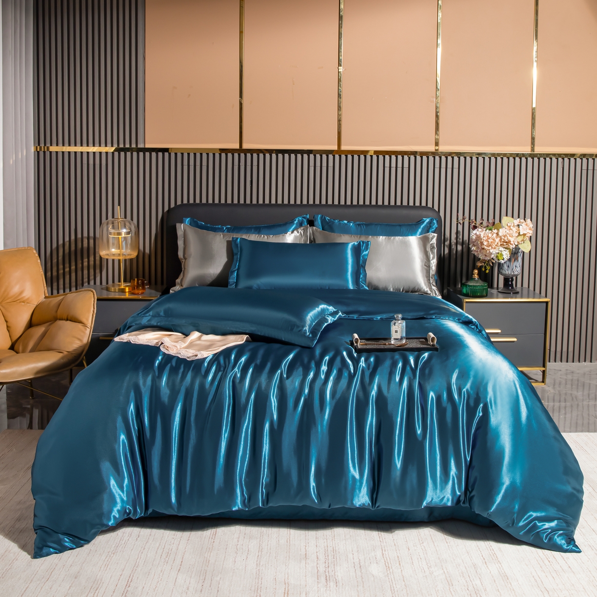 莱越家纺 2026夏季款高端轻奢水洗真丝四件套丝滑裸睡丝绸纯色冰丝四件套系列可承接外贸订货 孔雀蓝