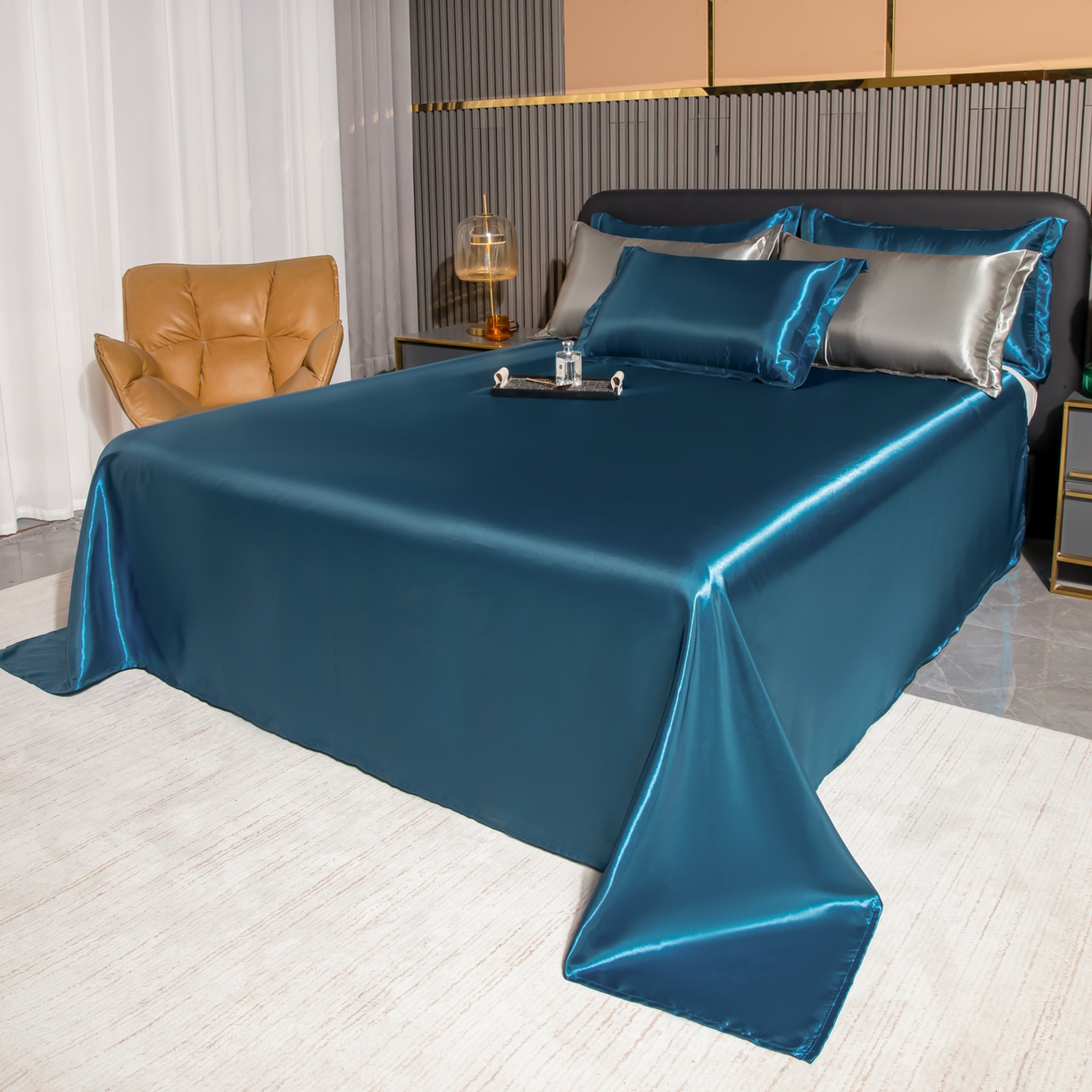 91家纺网 家纺一手货源 找家纺 莱越家纺 2026夏季款高端轻奢水洗真丝四件套丝滑裸睡丝绸纯色冰丝四件套系列可承接外贸订货 孔雀蓝