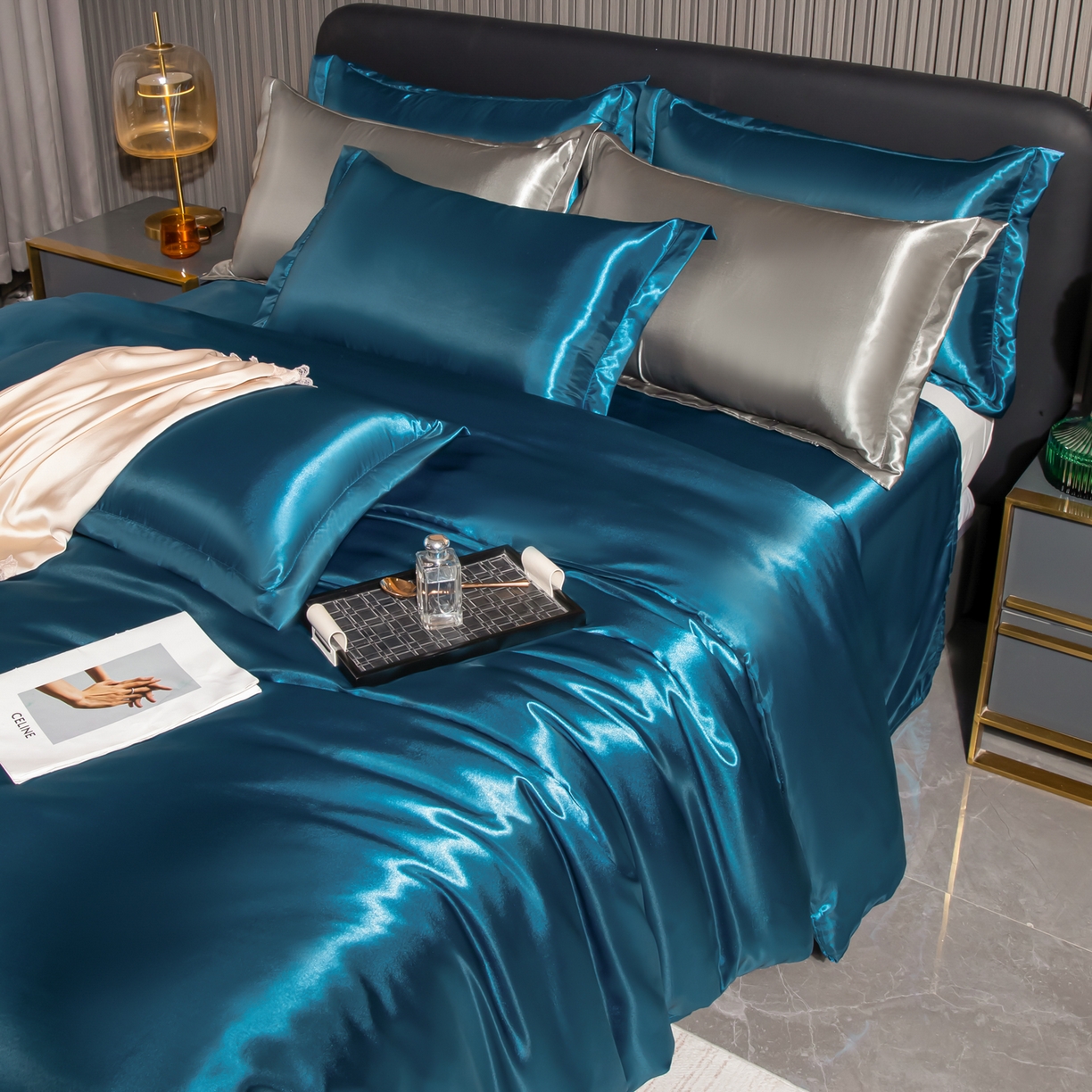 91家纺网 家纺一手货源 找家纺 莱越家纺 2026夏季款高端轻奢水洗真丝四件套丝滑裸睡丝绸纯色冰丝四件套系列可承接外贸订货 孔雀蓝