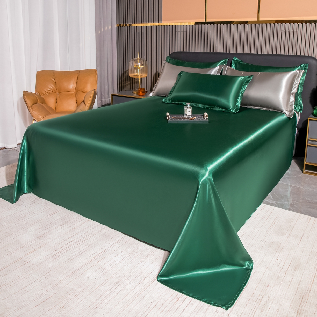 91家纺网 家纺一手货源 找家纺 莱越家纺 2026夏季款高端轻奢水洗真丝四件套丝滑裸睡丝绸纯色冰丝四件套系列可承接外贸订货 墨绿色