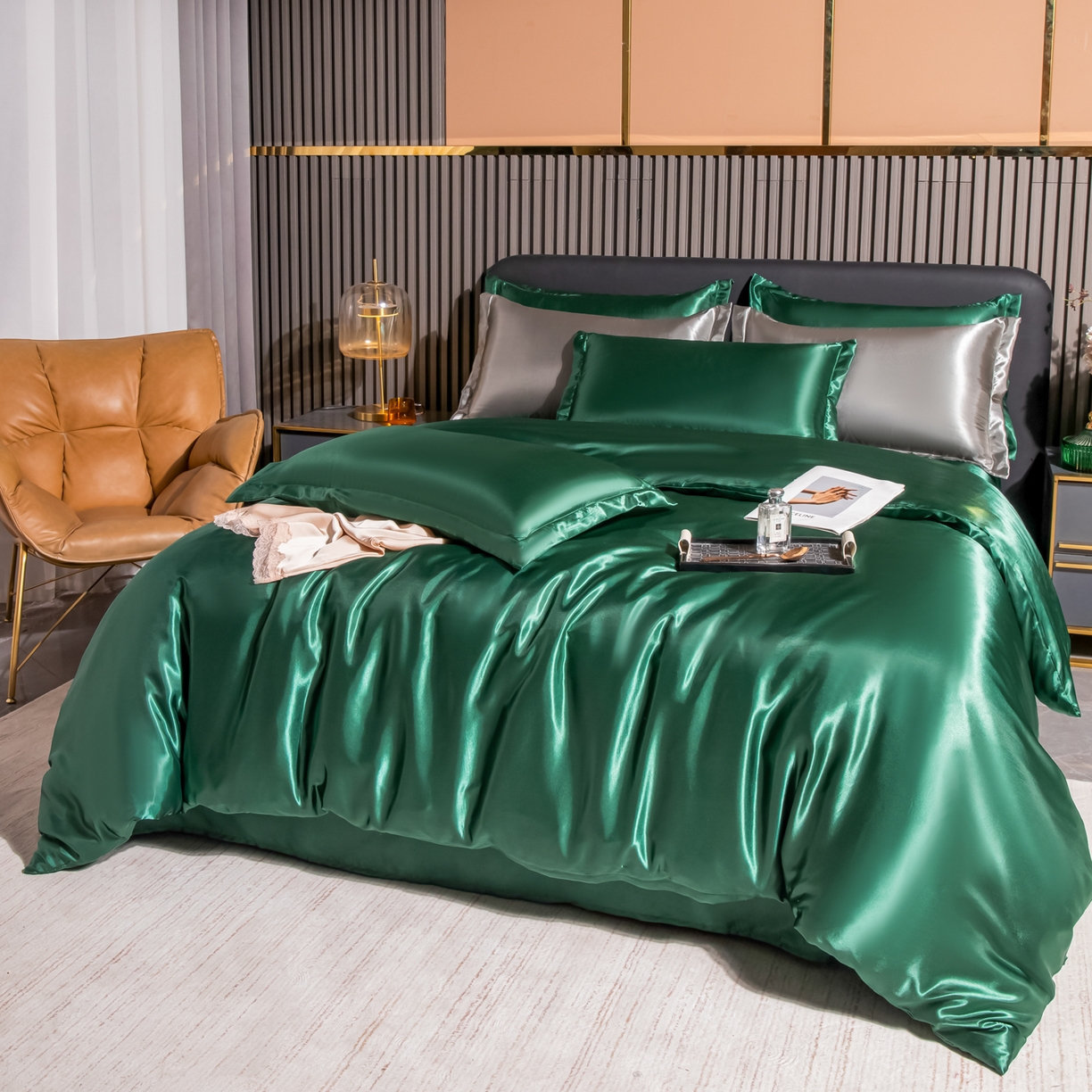 91家纺网 家纺一手货源 找家纺 莱越家纺 2026夏季款高端轻奢水洗真丝四件套丝滑裸睡丝绸纯色冰丝四件套系列可承接外贸订货 墨绿色