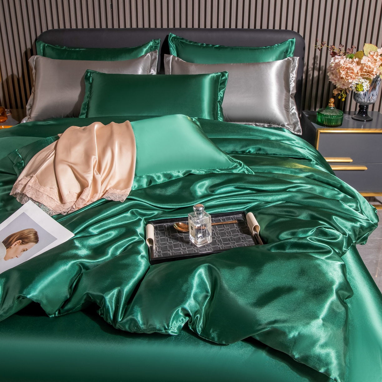 91家纺网 家纺一手货源 找家纺 莱越家纺 2026夏季款高端轻奢水洗真丝四件套丝滑裸睡丝绸纯色冰丝四件套系列可承接外贸订货 墨绿色