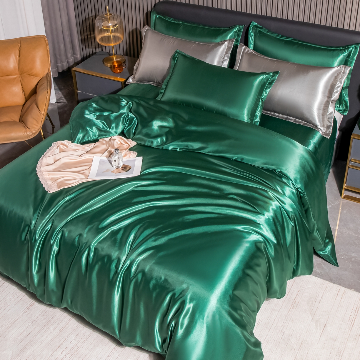 91家纺网 家纺一手货源 找家纺 莱越家纺 2026夏季款高端轻奢水洗真丝四件套丝滑裸睡丝绸纯色冰丝四件套系列可承接外贸订货 墨绿色