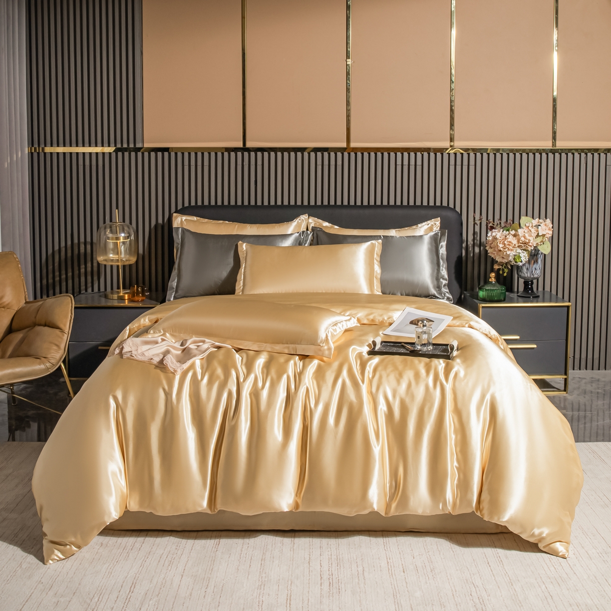 莱越家纺 2026夏季款高端轻奢水洗真丝四件套丝滑裸睡丝绸纯色冰丝四件套系列可承接外贸订货 沙驼色