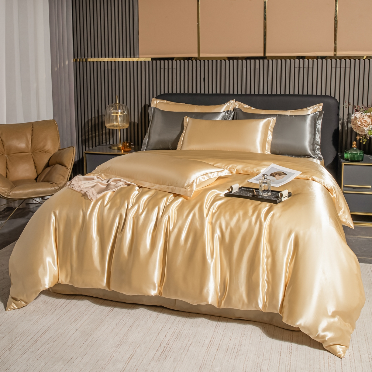 91家纺网 家纺一手货源 找家纺 莱越家纺 2026夏季款高端轻奢水洗真丝四件套丝滑裸睡丝绸纯色冰丝四件套系列可承接外贸订货 沙驼色