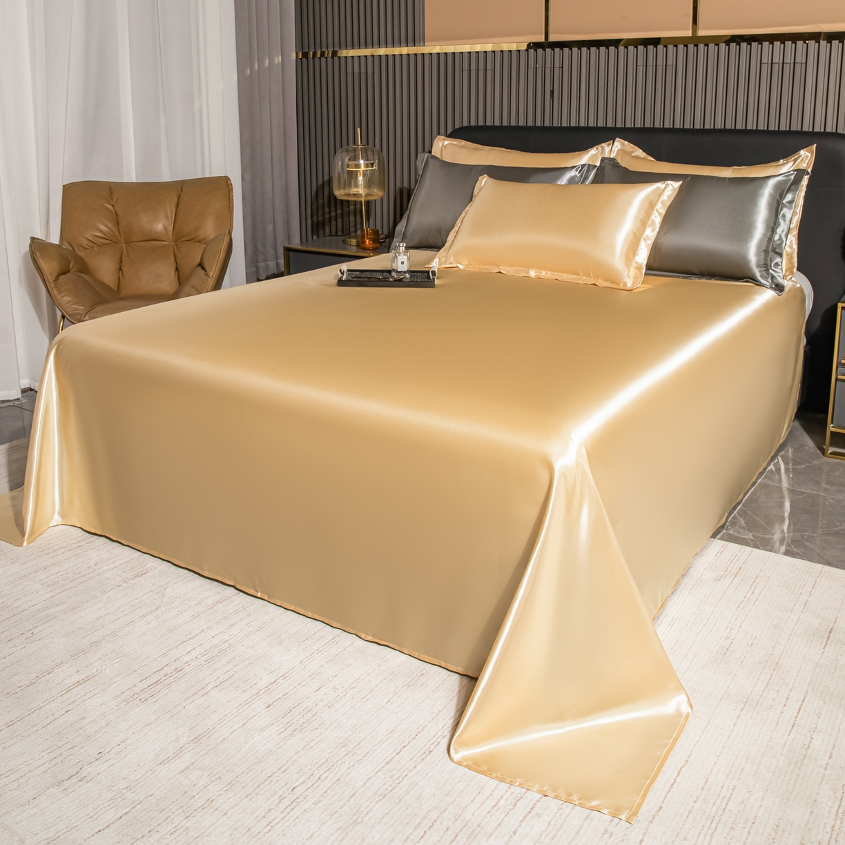 91家纺网 家纺一手货源 找家纺 莱越家纺 2026夏季款高端轻奢水洗真丝四件套丝滑裸睡丝绸纯色冰丝四件套系列可承接外贸订货 沙驼色