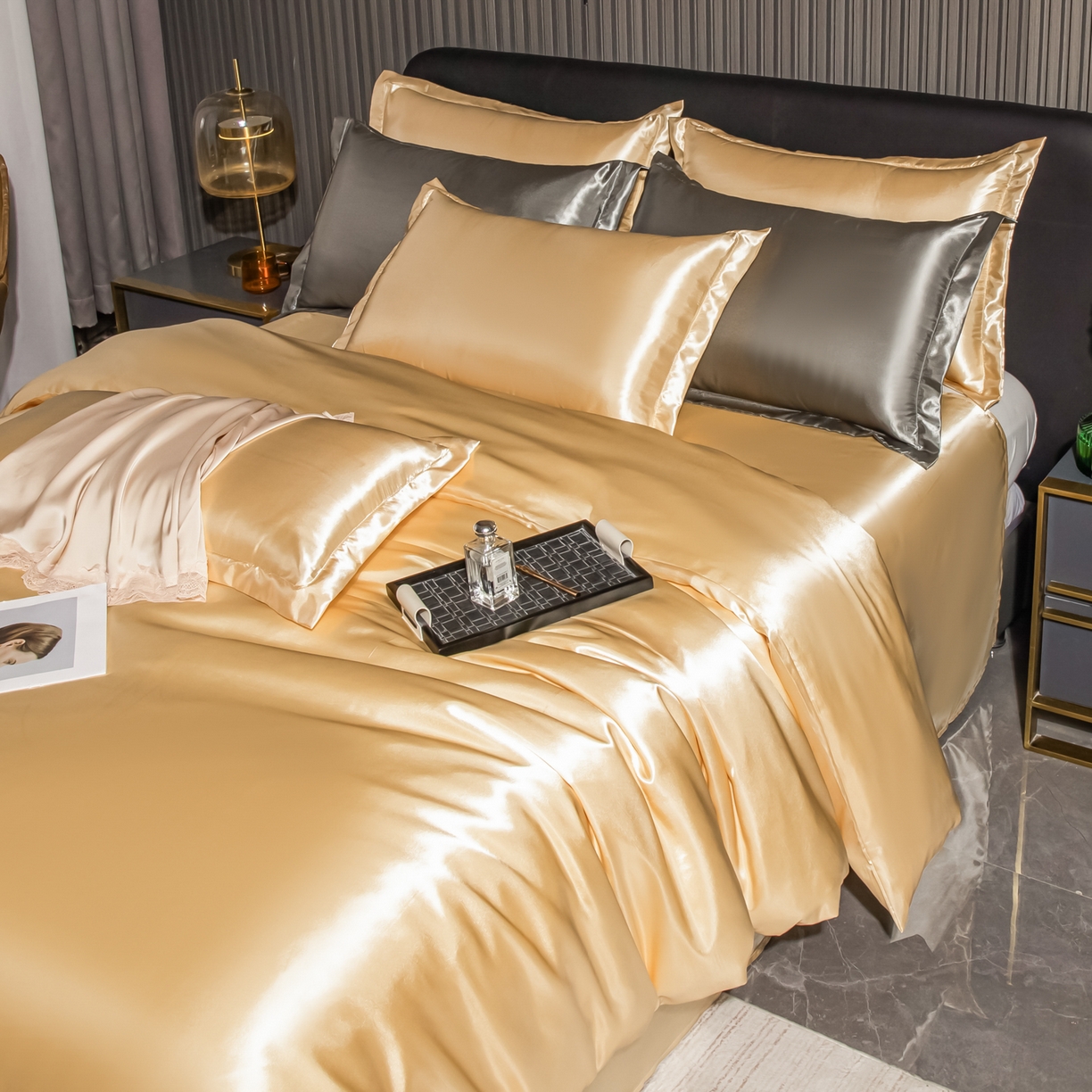 91家纺网 家纺一手货源 找家纺 莱越家纺 2026夏季款高端轻奢水洗真丝四件套丝滑裸睡丝绸纯色冰丝四件套系列可承接外贸订货 沙驼色