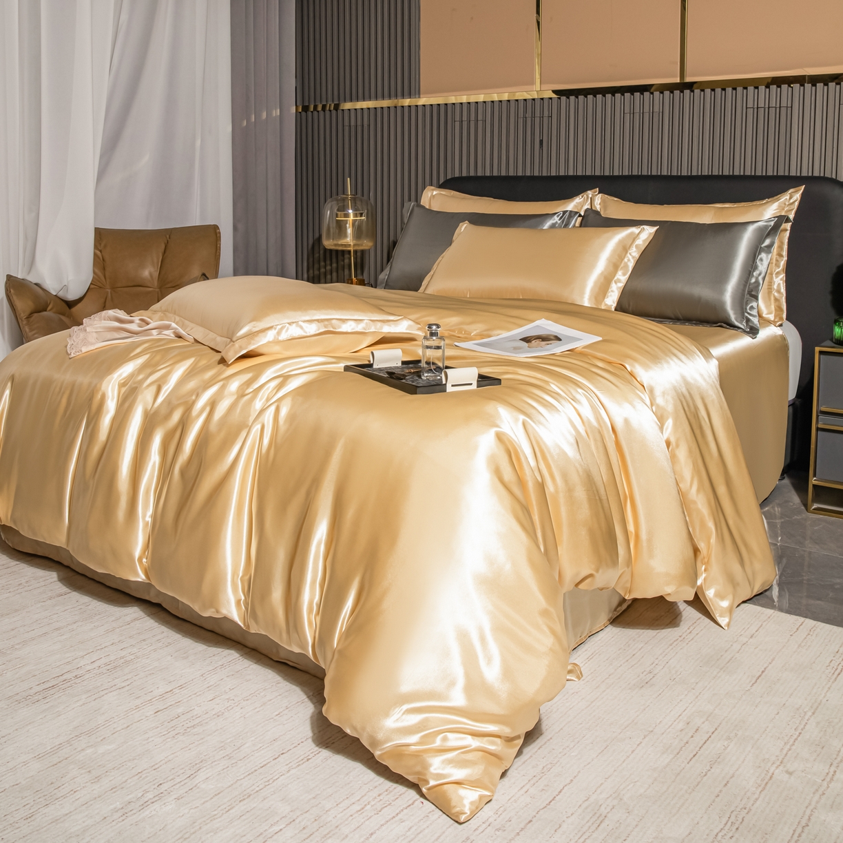 91家纺网 家纺一手货源 找家纺 莱越家纺 2026夏季款高端轻奢水洗真丝四件套丝滑裸睡丝绸纯色冰丝四件套系列可承接外贸订货 沙驼色