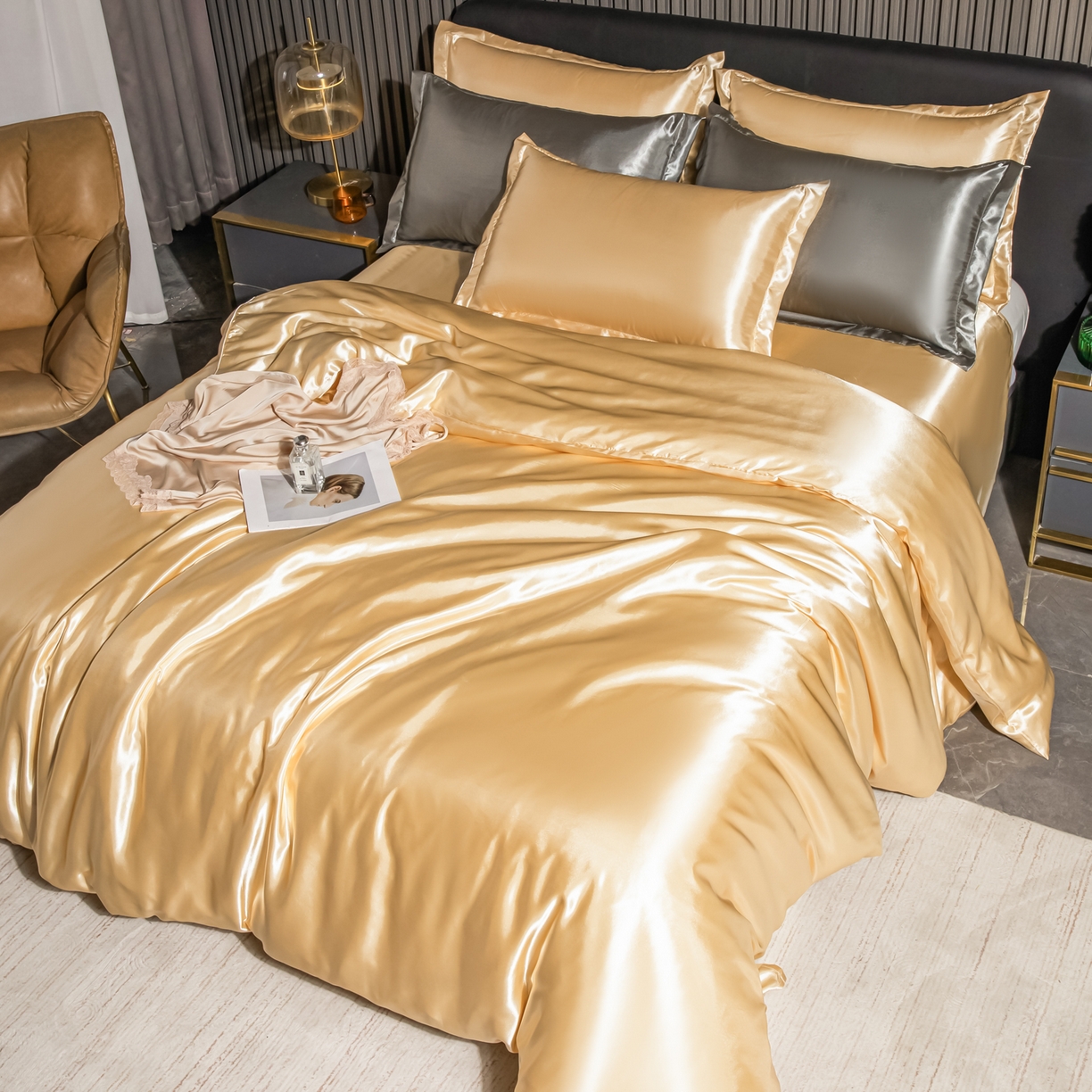 91家纺网 家纺一手货源 找家纺 莱越家纺 2026夏季款高端轻奢水洗真丝四件套丝滑裸睡丝绸纯色冰丝四件套系列可承接外贸订货 沙驼色