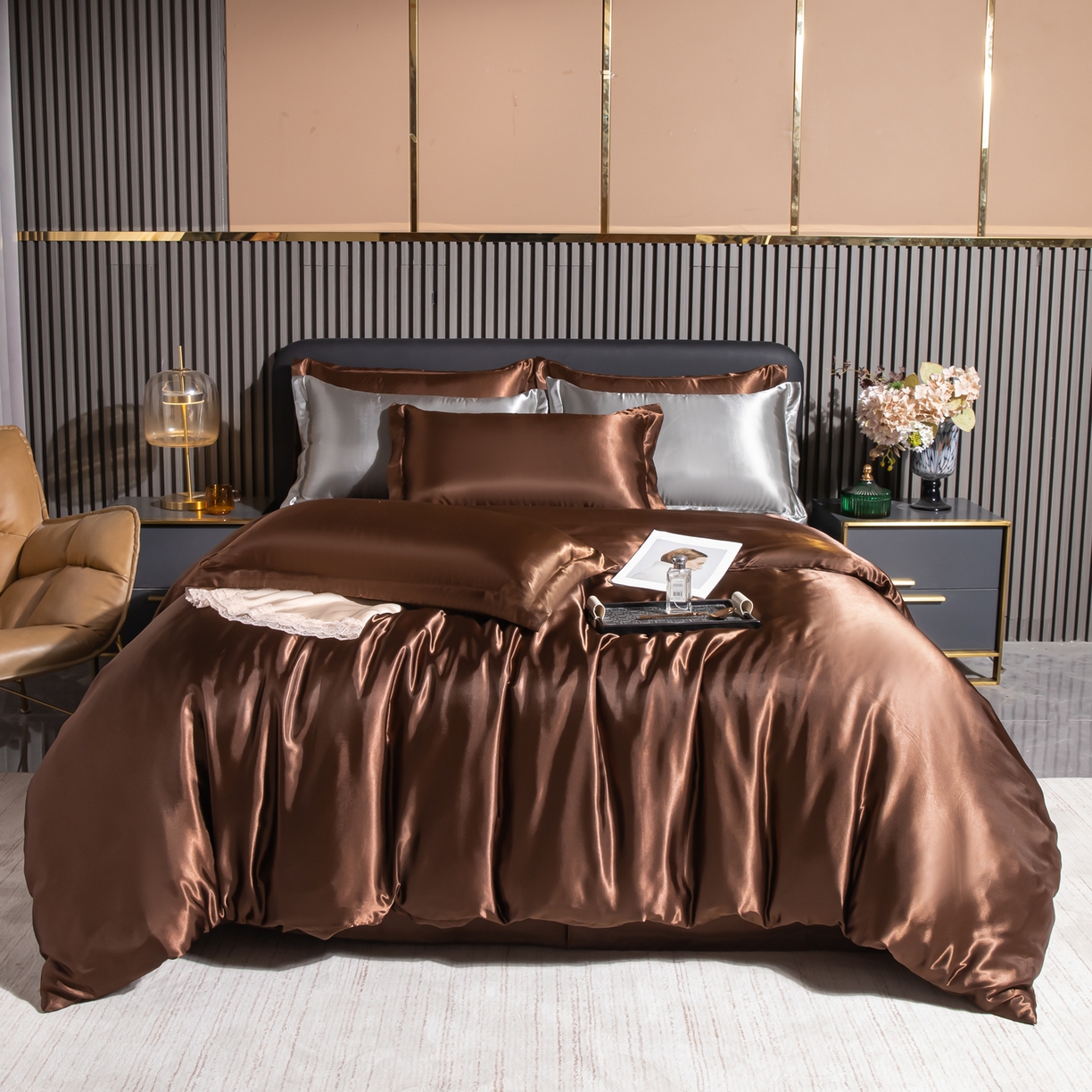 莱越家纺 2026夏季款高端轻奢水洗真丝四件套丝滑裸睡丝绸纯色冰丝四件套系列可承接外贸订货 深咖色