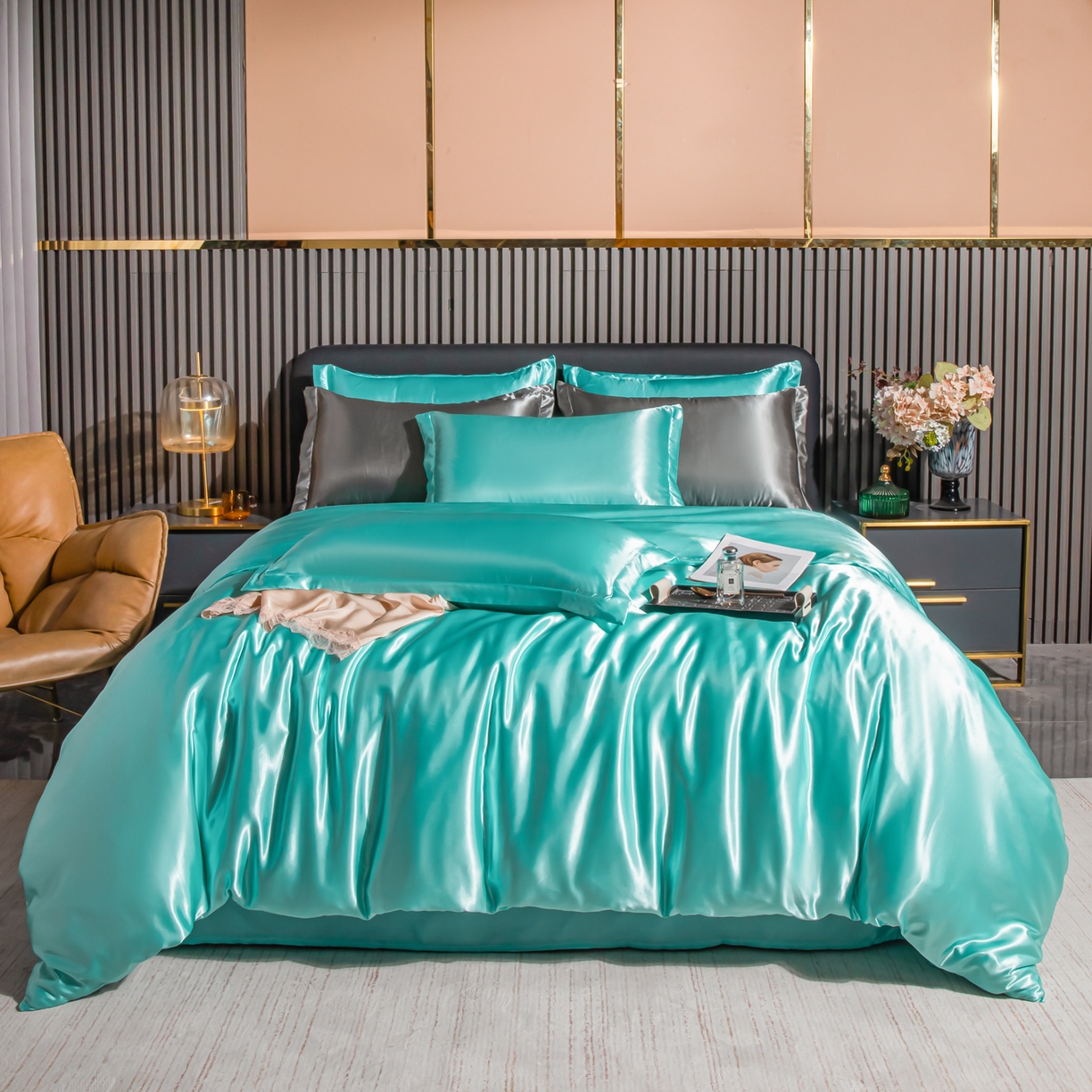 莱越家纺 2026夏季款高端轻奢水洗真丝四件套丝滑裸睡丝绸纯色冰丝四件套系列可承接外贸订货 水兰色