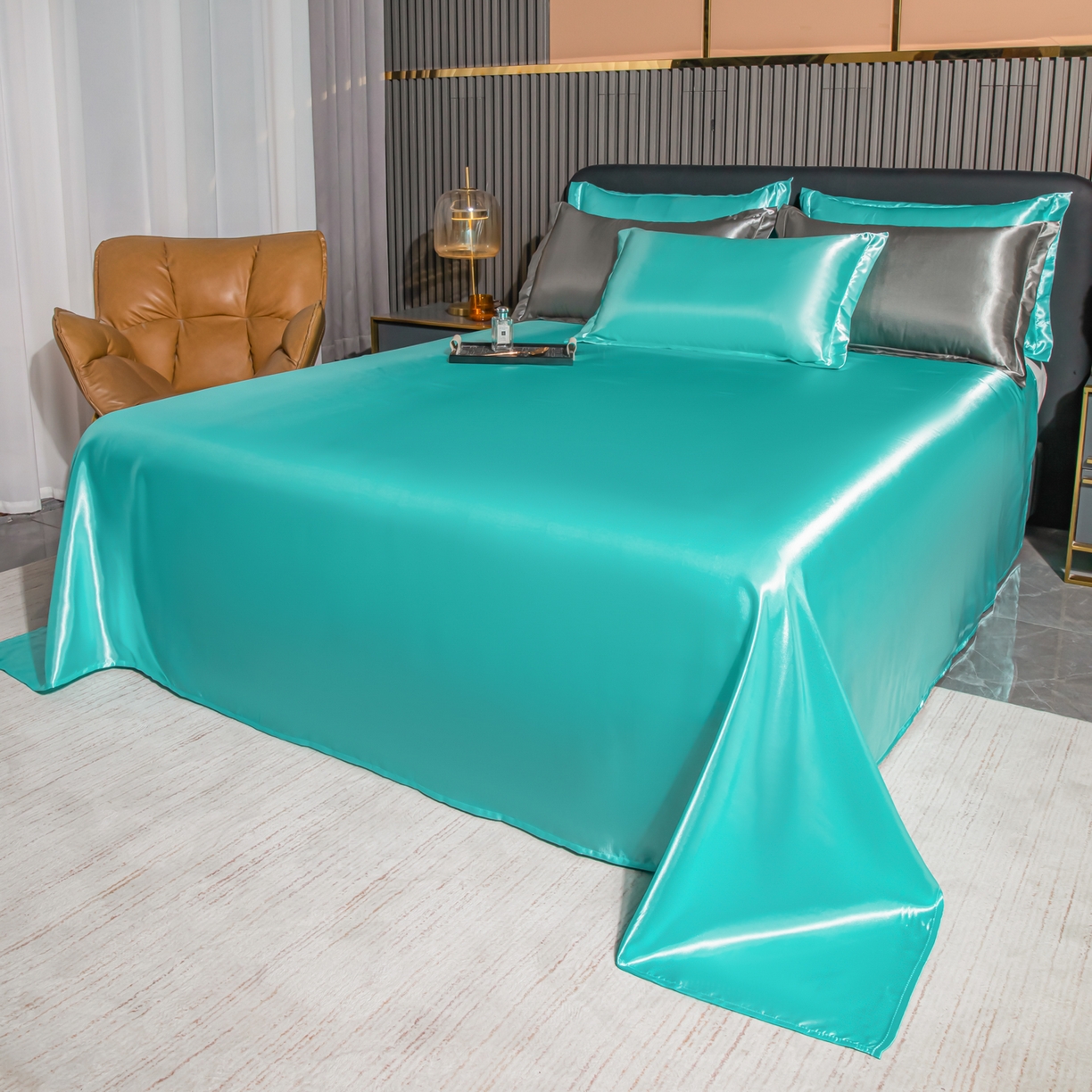 91家纺网 家纺一手货源 找家纺 莱越家纺 2026夏季款高端轻奢水洗真丝四件套丝滑裸睡丝绸纯色冰丝四件套系列可承接外贸订货 水兰色